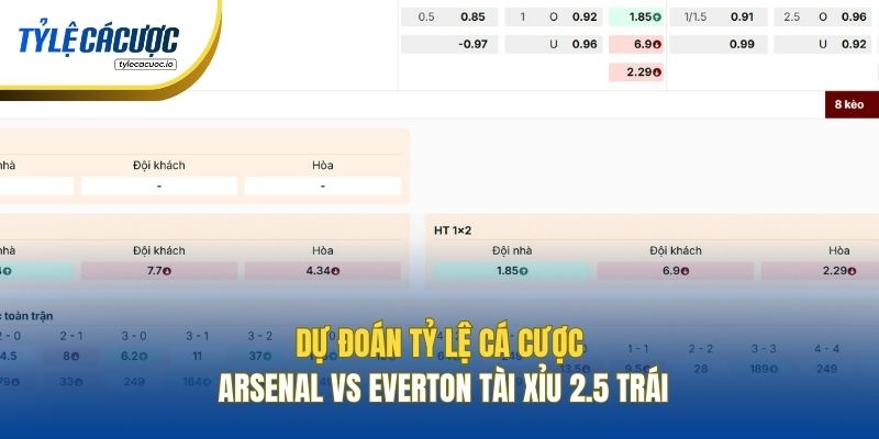 Dự đoán tỷ lệ cá cược Arsenal vs Everton Tài Xỉu 2.5 trái