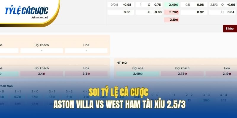 Soi tỷ lệ cá cược Aston Villa vs West Ham Tài Xỉu 2.5/3